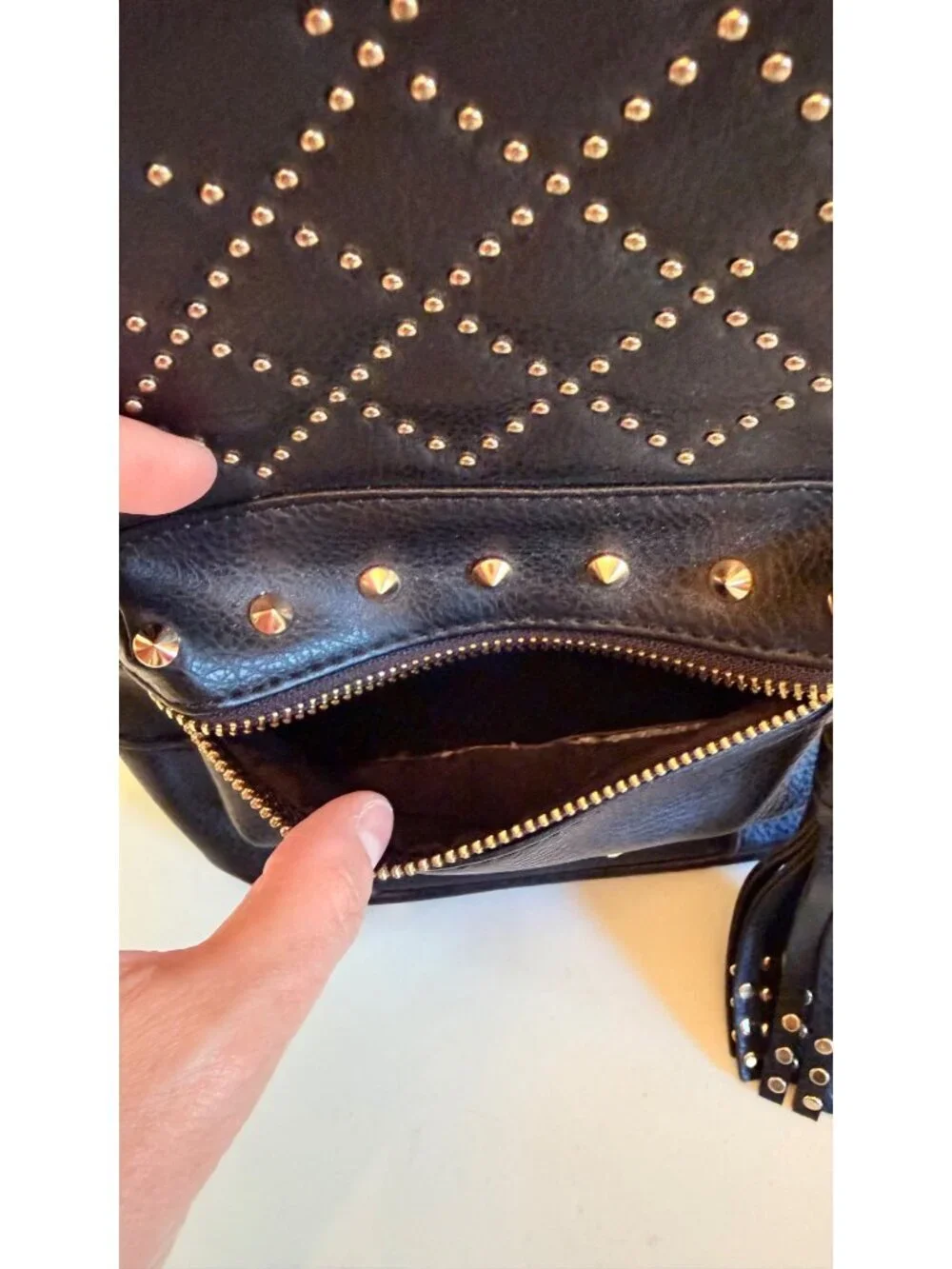 Bebe Black Mini Backpack Purse With Gold Studs & Tassel Accent